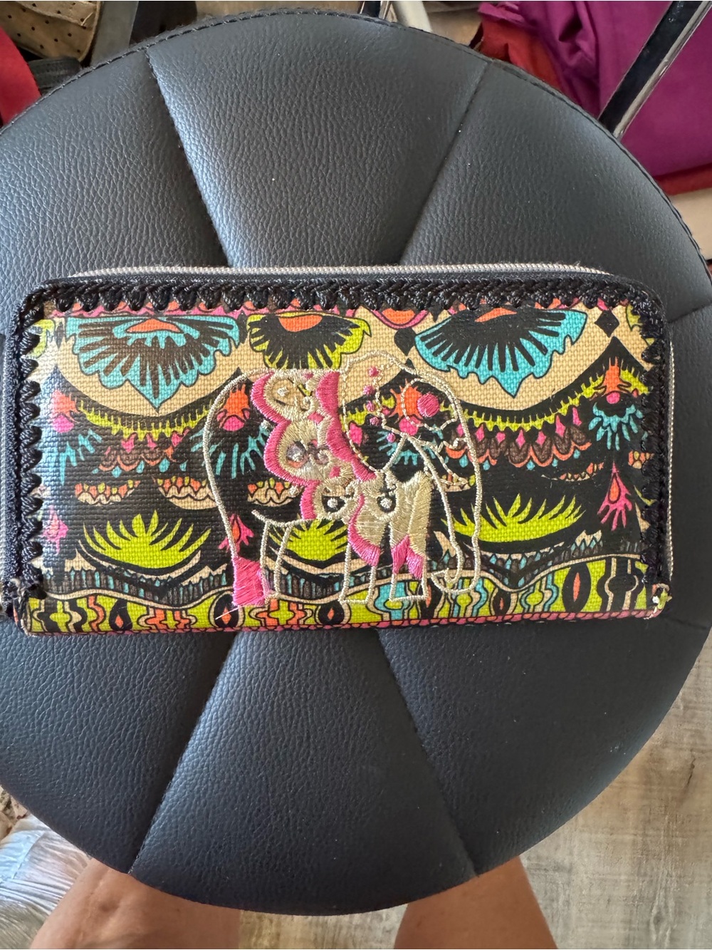 Sakroots Colorful Elephant-Embroidered Zip Wallet - Black Multicolor